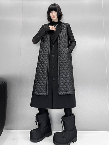 1720342 Loose Sleeveless Buttoned Plaid Pockets Solid Color Split-Joint Notched Collar Outerwear Padded Vest