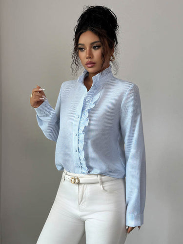 1731629 Long Sleeves Skinny Buttoned Ruffled Split-Joint Striped Stand Collar Blouses&Shirts Tops