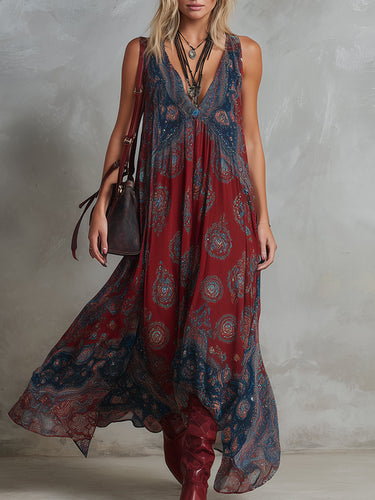 1783040 Loose Sleeveless Contrast Color Pleated Printed V-Neck Maxi Dresses
