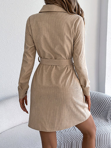 1713241 Elasticated Waist Long Sleeves Belted Buttoned Single-Breasted Solid Color Lapel Collar Mini Dresses Shirt Dress