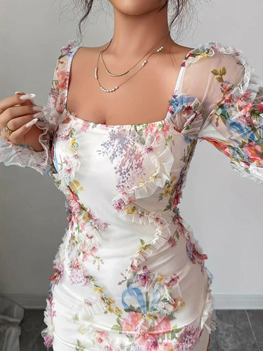 1777400 Bodycon Long Sleeves Contrast Color Flower Print Ruffle Trim See-Through Split-Joint Square-Neck Midi Dresses