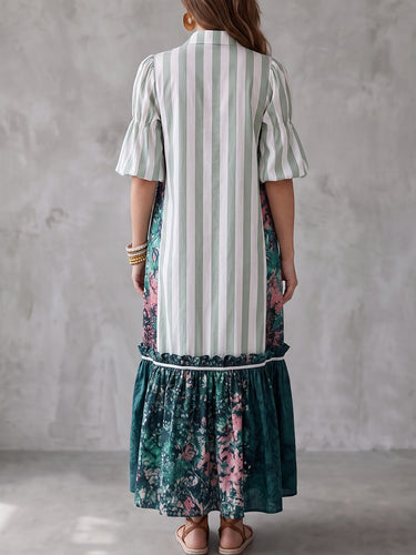 1785877 Loose Three-Quarter Sleeves Buttoned Contrast Color Flower Print Pockets Ruffled Split-Joint Striped Lapel Maxi Dresses