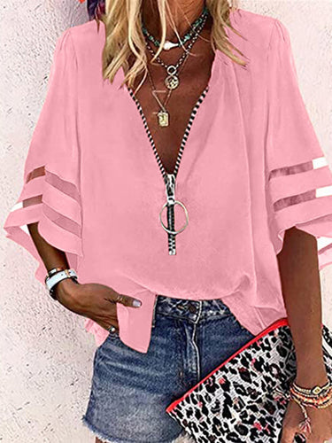 1747742 Loose Seven-Quarter Sleeves Hollow Solid Color Split-Joint Zipper Stand Collar Blouses&Shirts Tops