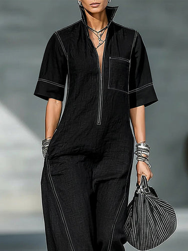 Losse jumpsuits met korte mouwen, zakken, effen kleur, ritssluiting en opstaande kraag
