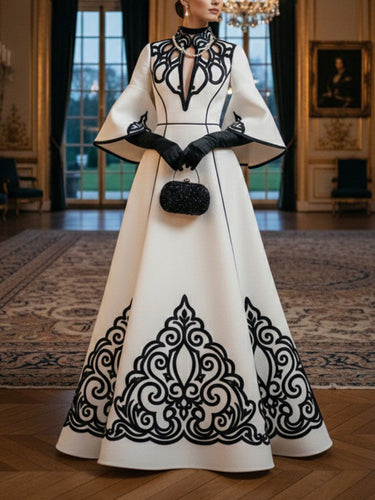 A-Line Flared Sleeves Contrast Color Hollow Pockets Printed Split-Joint Mock Neck Maxi Dresses