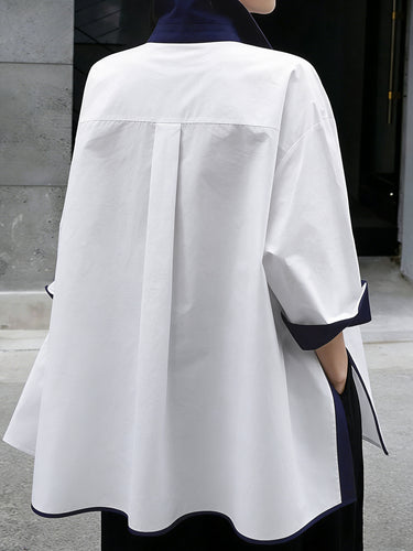 1779355 Half Sleeves High-Low Buttoned Contrast Color Split-Joint Split-Side Lapel Blouses&Shirts Tops