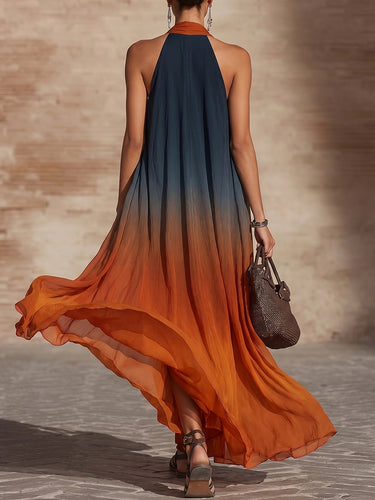 1779187 A-Line Loose Contrast Color Pleated Deep V-Neck Maxi Dresses