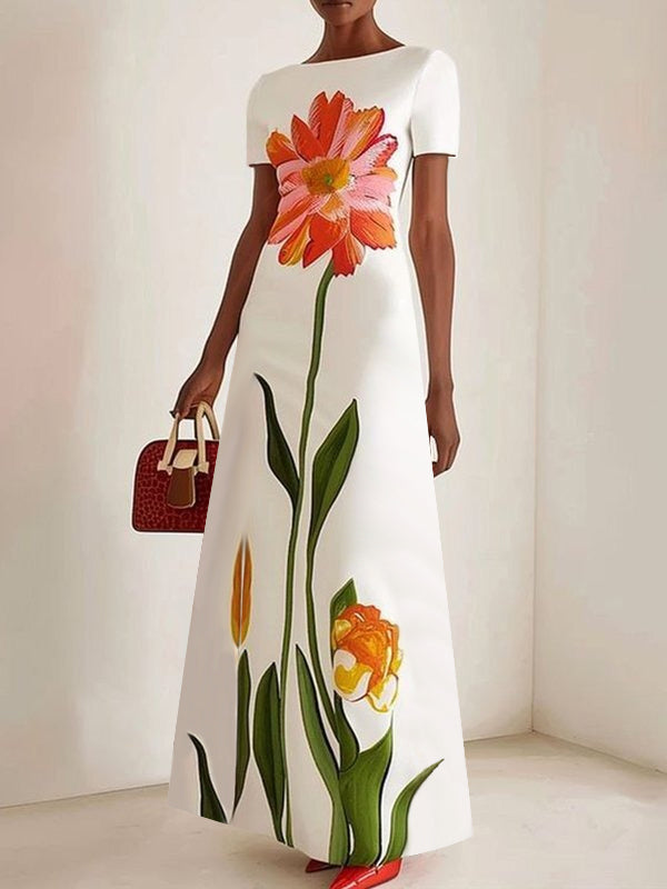 Vestido longo floral de manga curta