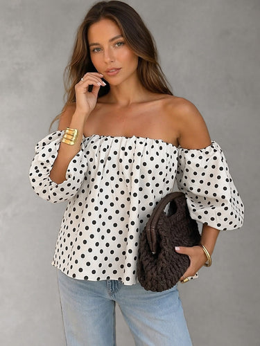 1786002 Half Sleeves Loose Backless Contrast Color Elasticity Polka Dot Off-The-Shoulder Blouses&Shirts Tops