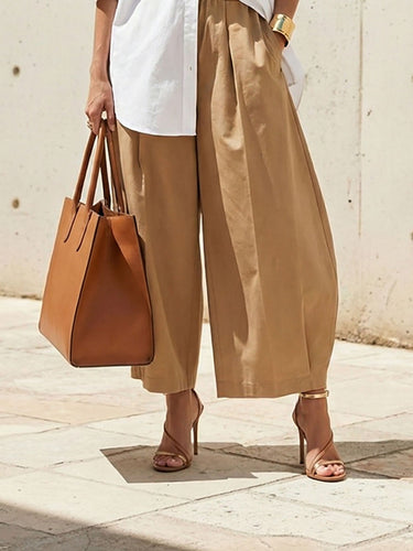 Loose Wide Leg Pleated Pockets Solid Color Pants