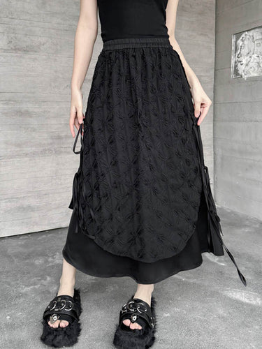 1726302 Solid Color Split-Joint Asymmetric Drawstring Flower Print   False Two Lapel Buttoned Pockets Blouses&Shirts Tops + Elasticated Waist Double Layered Skirts Bottoms Two Pieces Set