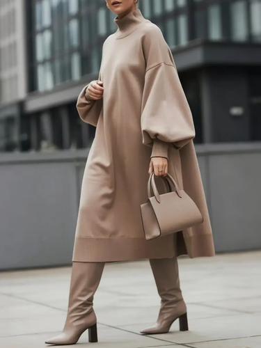 Long Sleeves Loose Solid Color High Neck Midi Dresses Sweater Dresses Uoozee official Long Sleeves Loose Solid Color High Neck Midi Dresses Sweater Dresses Uoozee official
