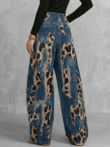 1780498 High Waisted Wide Leg Buttoned Hollow Leopard Pockets Split-Joint Zipper Pants Trousers