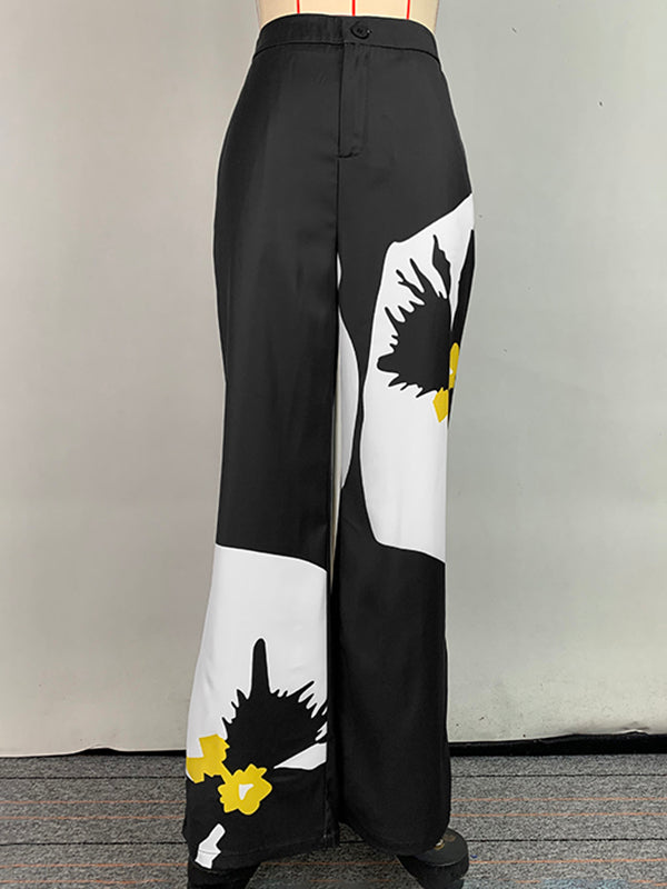 High Waisted Loose Belted Flower Print Pockets Pants Trousers