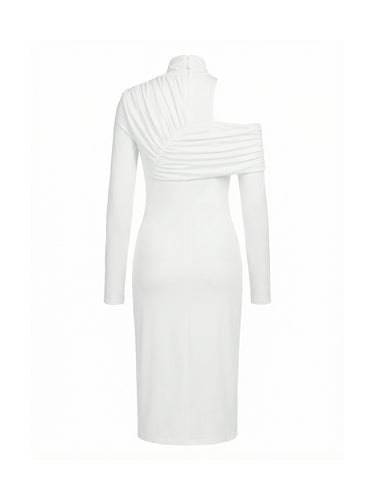 Irregularity Long Sleeves Asymmetric Pleated Solid Color Split-Front Split-Joint Split-Side High Neck Midi Dresses