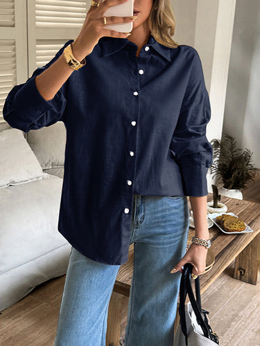 1730722 Long Sleeves Loose Buttoned Solid Color Lapel Blouses&Shirts Tops