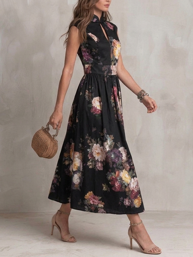 1789981 Split-Joint Pockets Pleated Hollow Flower Print Sleeveless A-line Stand Collar Maxi Dresses