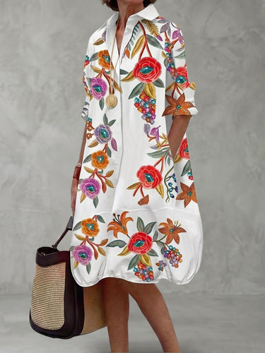 1779518 A-Line Half Sleeves Buttoned Contrast Color Flower Print Pockets Lapel Midi Dresses Shirt Dress