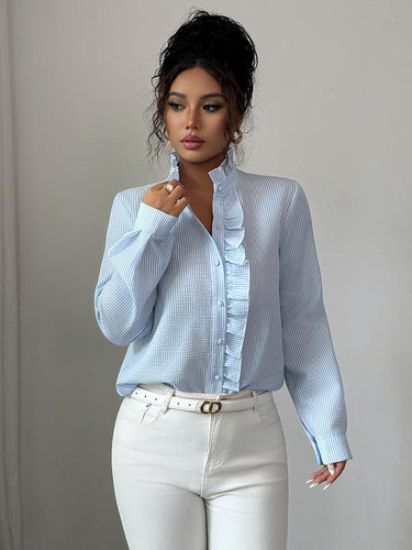 1731627 Long Sleeves Skinny Buttoned Ruffled Split-Joint Striped Stand Collar Blouses&Shirts Tops