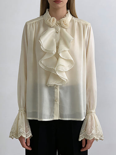 1753701 Long Sleeves Ruffle Sleeves Buttoned Pleated Ruffled Solid Color Split-Joint Stand Collar Blouses&Shirts Tops