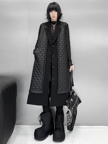 1720331 Loose Sleeveless Buttoned Plaid Pockets Solid Color Split-Joint Notched Collar Outerwear Padded Vest