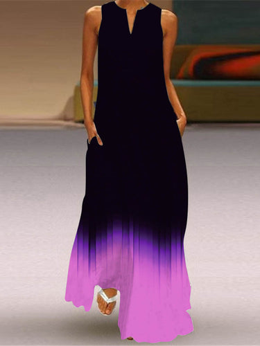 1739008 A-Line Loose Contrast Color Pockets Printed Split-Joint V-Neck Maxi Dresses