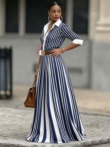 1781522 A-Line Loose Buttoned Contrast Color No Belt Striped Lapel Maxi Dresses