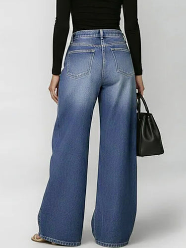 High Waisted Loose Buttoned Geometric Hollow Pockets Split-Joint Jean Pants Bottoms