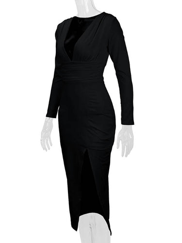 1726400 Bodycon Elasticated Waist Pleated Solid Color Split-Joint Split-Side Deep V-Neck Midi Dresses