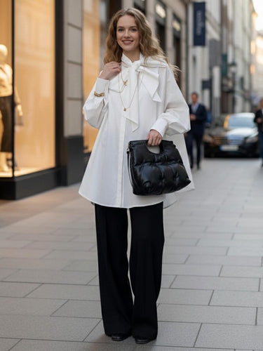 1756771 Long Sleeves Loose Bow-Embellished Buttoned Solid Color Bow Collar Blouses&Shirts Tops