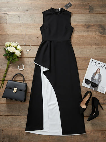 1700560 Irregular Clipping Skinny Contrast Color Round-Neck Maxi Dresses