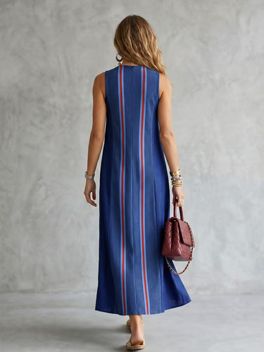 1785003 Loose Sleeveless Contrast Color Striped Round-Neck Midi Dresses