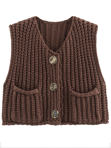 1783576 Sleeveless Buttoned Pockets Solid Color Cardigan Tops Knit Top