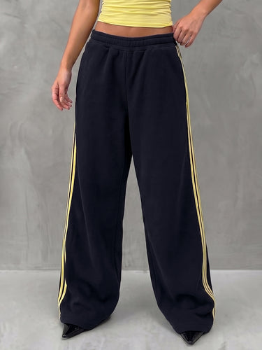 1772722 Hoog getailleerde wijde pijpen, elasticiteit, zakken, gestreepte broek, broek