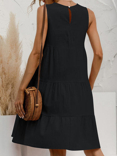 1773599 A-Line Loose Pleated Solid Color Tiered Round-Neck Mini Dresses