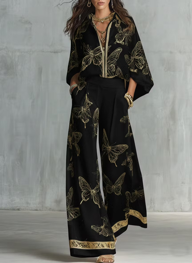 1781471 High Waisted Wide Leg Butterfly Print Contrast Color Pockets Pants Trousers