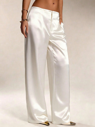 1786047 High Waisted Loose Pockets Solid Color Zipper Pants Trousers