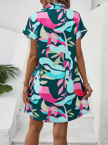1780326 Short Sleeves Buttoned Contrast Color Printed Lapel Mini Dresses Shirt Dress