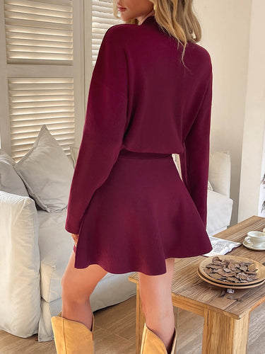 1732165 A-line High Waisted Elasticity Solid Color Round-neck Mini Dresses Sweater Dresses