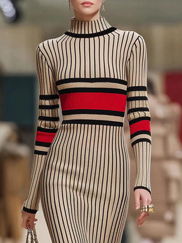 Long Sleeves Skinny Contrast Color Striped High Neck Midi Dresses Sweater Dresses
