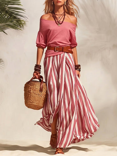 1785789 Half Sleeves Solid Color Off-The-Shoulder T-Shirts Tops + Belted Contrast Color A-Line Striped Skirts Bottoms Two Pieces Set