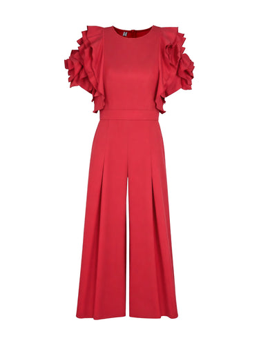 Loose Short Sleeves Falbala Solid Color Round-Neck Jumpsuits