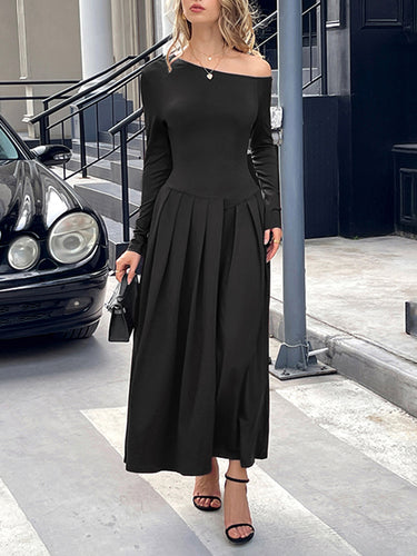 1731815 High Waisted Long Sleeves Pleated Solid Color Split-Front One-Shoulder Maxi Dresses