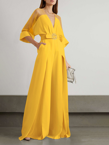 1657425 Effen kleur split-front contrasterende kleur gebonden taille hoog getailleerde V-hals jumpsuits
