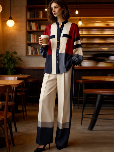 Long Sleeves Loose Buttoned Contrast Color Split-Joint Stand Collar Blouses&Shirts Tops