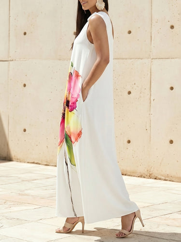 1784672 A-Line Loose Buckle Contrast Color Flower Print Pockets One-Shoulder Maxi Dresses