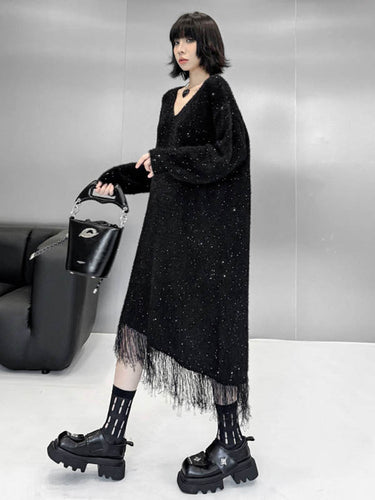 1720274 Irregularity Long Sleeves Contrast Color Sequined Shiny Split-Joint Tasseled V-Neck Midi Dresses Sweater Dresses