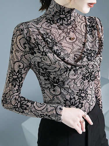 1726765 Long Sleeves Flower Print Pleated Mock Neck T-Shirts Tops