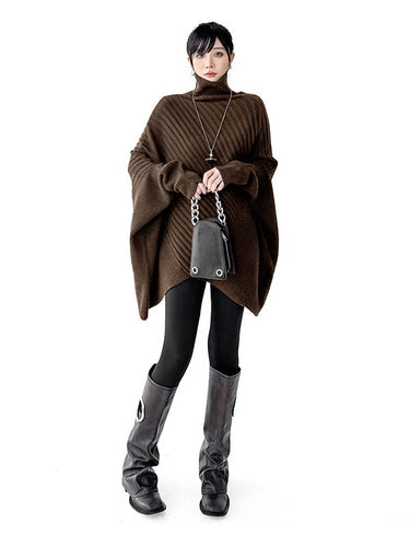 1726293 Batwing Sleeves Irregularity Asymmetric Ribbed Knit Solid Color Split-Joint High Neck Sweater Tops