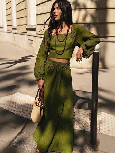 1788915 Split-side Solid Color Backless Long Sleeves High Waisted Square-neck Two Pieces Set Skirts Bottoms + Blouses&shirts Tops